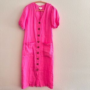 Lou & Grey 100% Linen Pocket Midi Dress Bubblegum Pink size small oversized